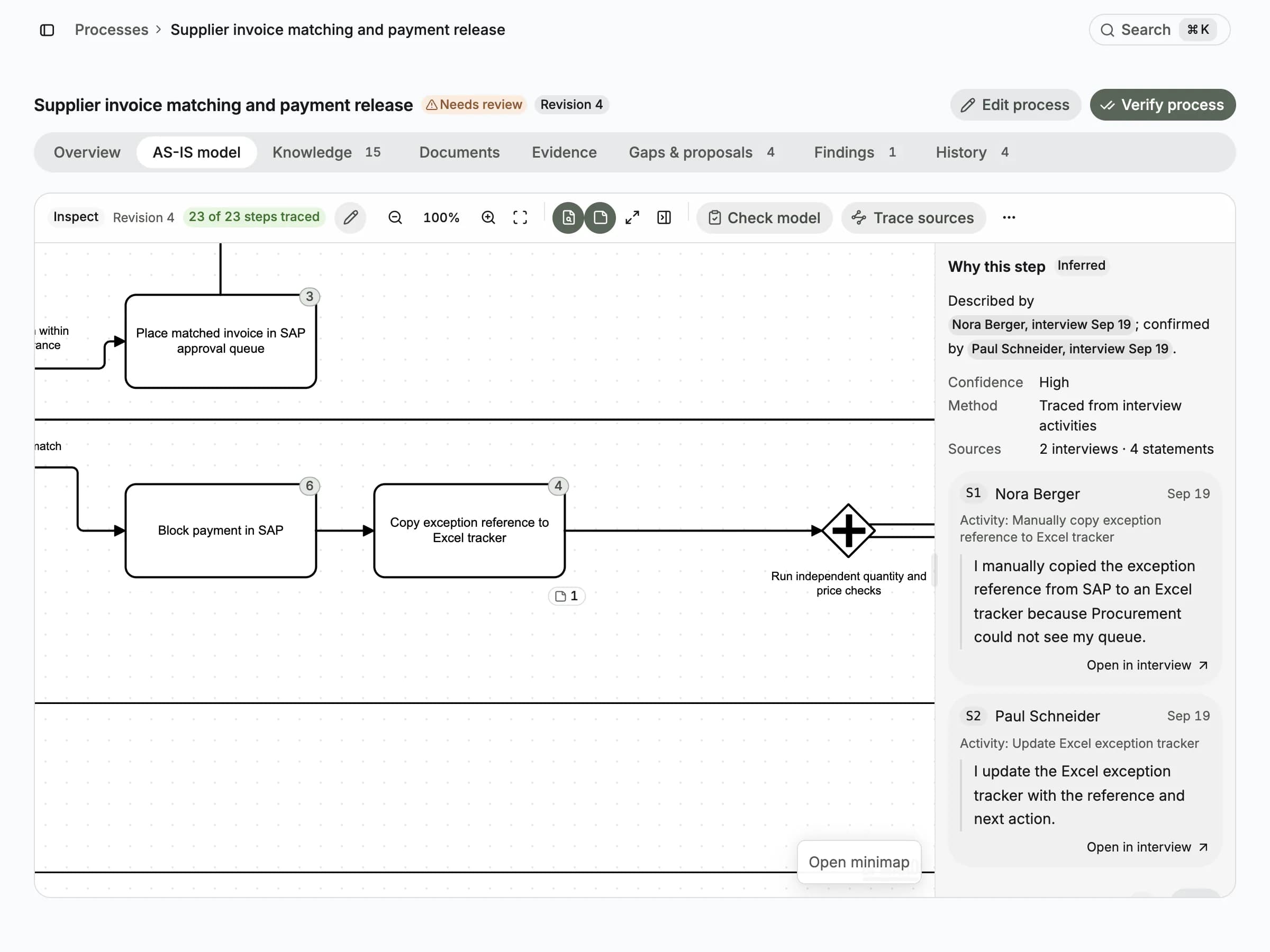 A BPMN model in Rameo with evidence badges on its steps and the quotes behind one step.