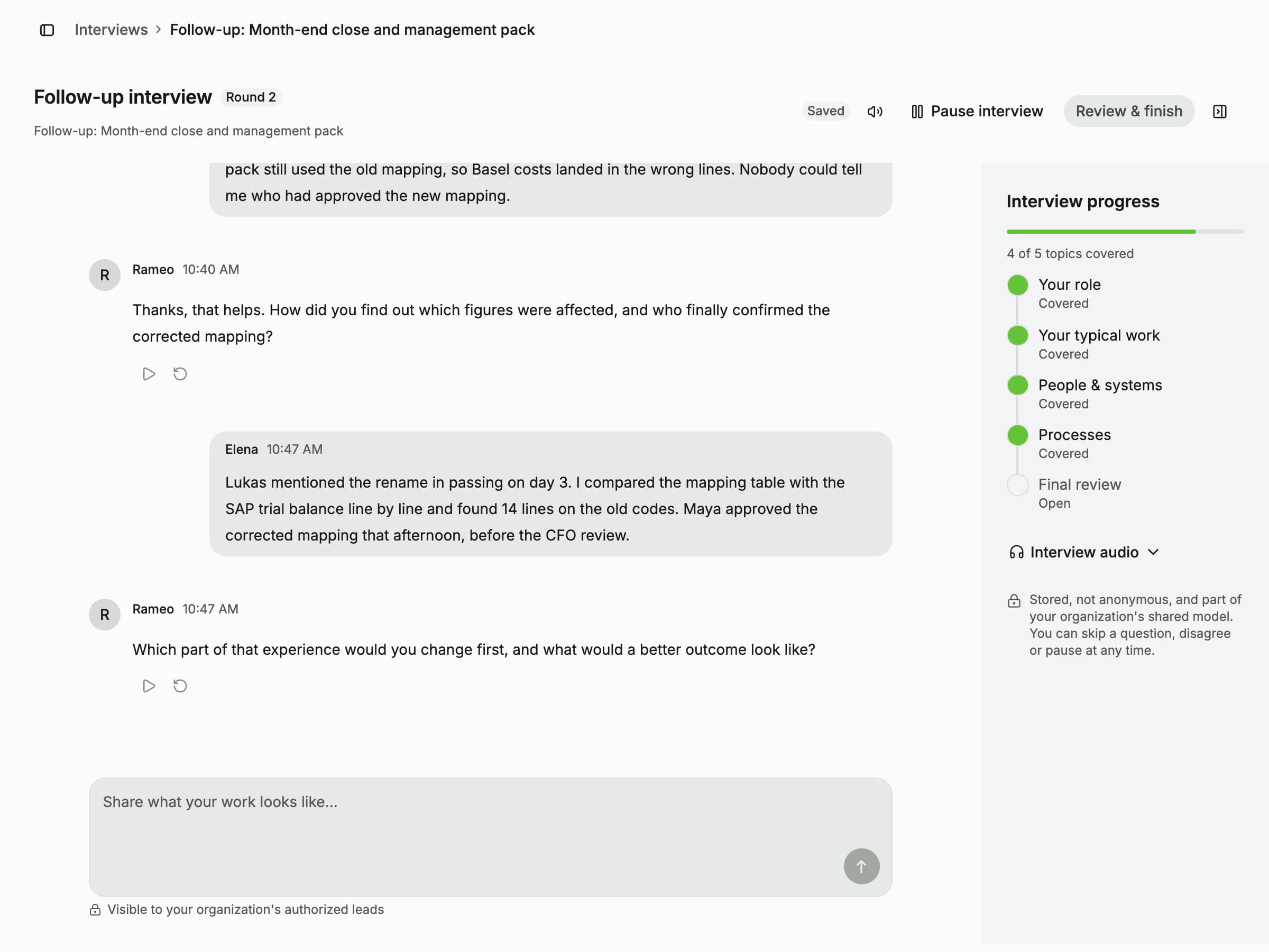 An interview in Rameo: the AI interviewer's question with audio playback and the participant's typed answer.